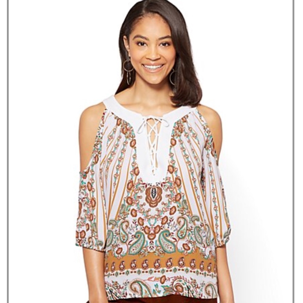 New York & Company cold shoulder tie up blouse